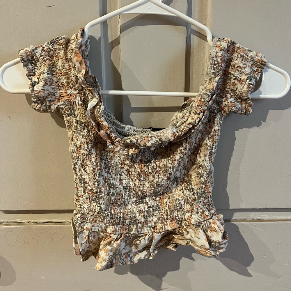 Forever 21 Brown and Tan Smocked Ruffled Blouse